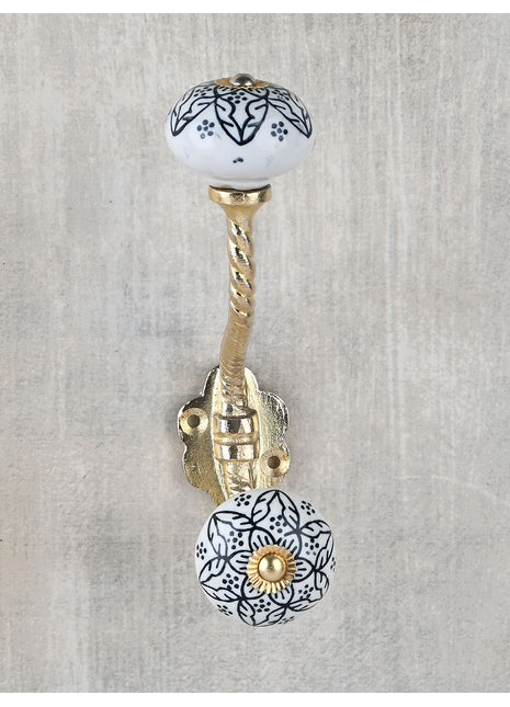 Unique Black Floral Design On White Ceramic Knob With Metal Wall Hanger
