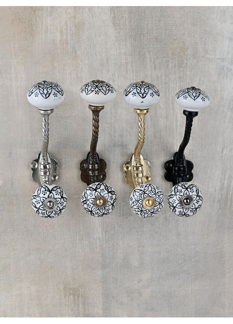 Unique Black Floral Design On White Ceramic Knob With Metal Wall Hanger