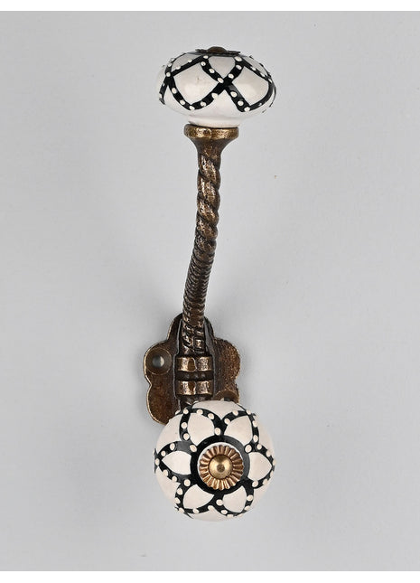 Designer Black Flower On White Ceramic Knob With Metal Wall Hanger