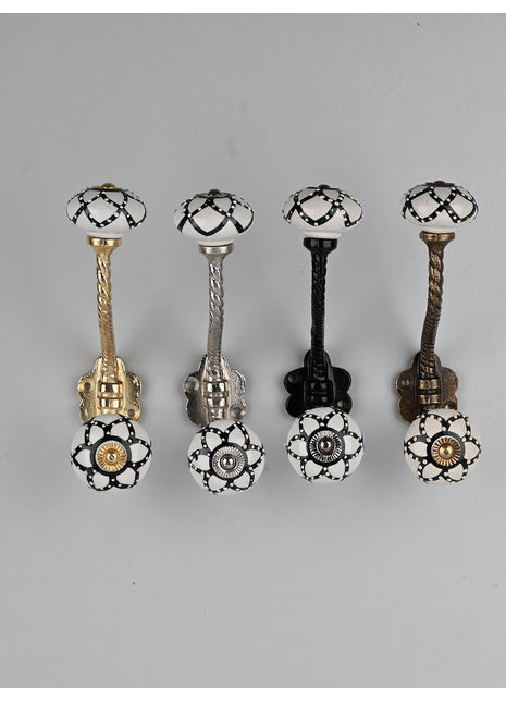 Designer Black Flower On White Ceramic Knob With Metal Wall Hanger