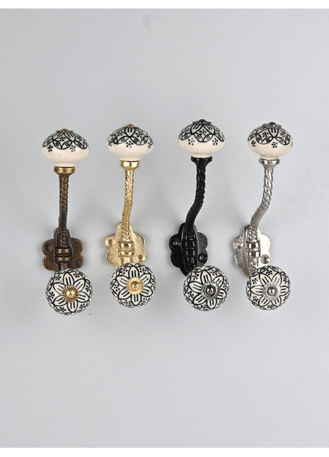 White Ceramic Knob Black Design With Metal Wall Hanger