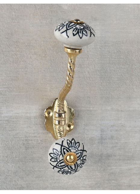 Vintage White Ceramic Knob Black Designer Print With Metal Wall Hanger