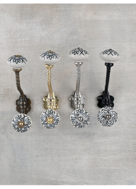 Vintage White Ceramic Knob Black Designer Print With Metal Wall Hanger