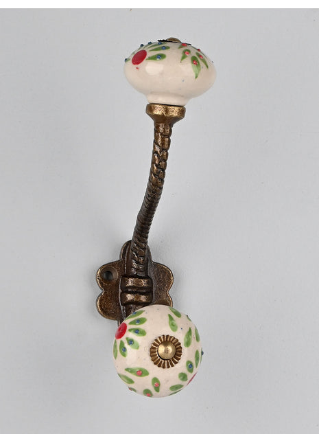 White Ceramic Knob Green Petal Design With Metal Wall Hanger