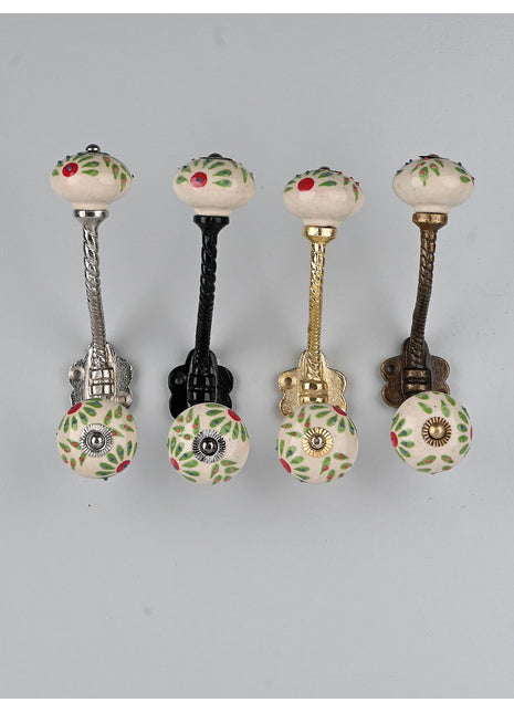 White Ceramic Knob Green Petal Design With Metal Wall Hanger