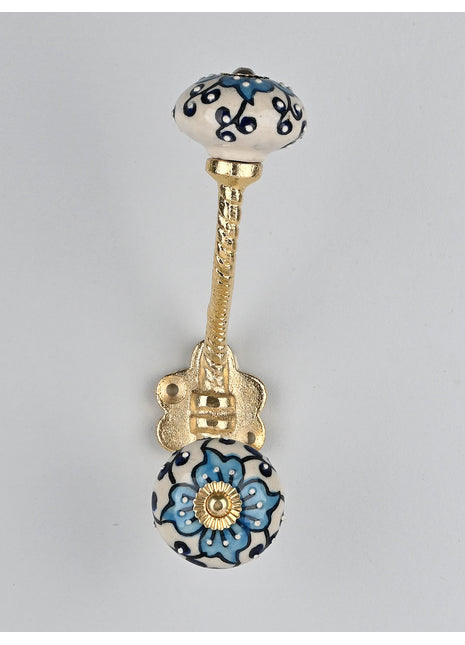 Unique Turquoise Flower On White Ceramic Knob With Metal Wall Hanger