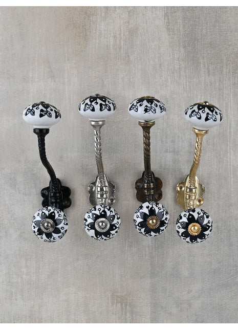 Stylish White And Black Ceramic Knob With Metal Wall Hanger