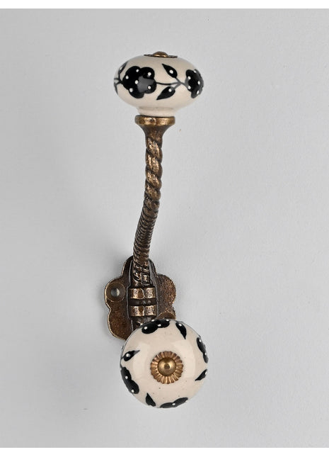 White Base Ceramic Knob Black Floral Print With Metal Wall Hanger