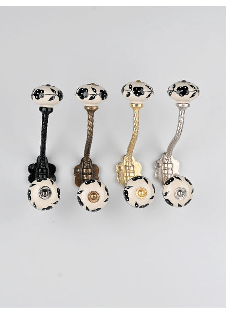 White Base Ceramic Knob Black Floral Print With Metal Wall Hanger