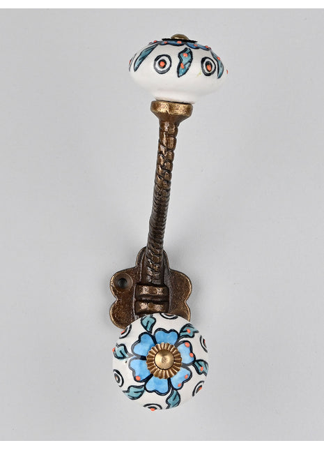 Turquoise Flower On White Knob Orange Embossed Design With Metal Wall Hanger