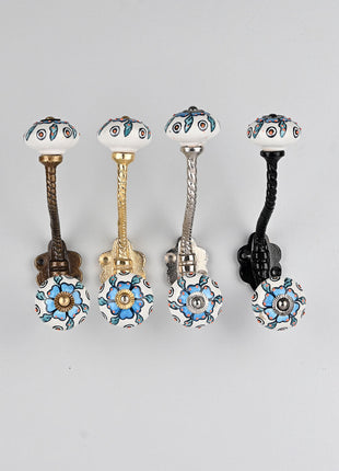 Turquoise Flower On White Knob Orange Embossed Design With Metal Wall Hanger