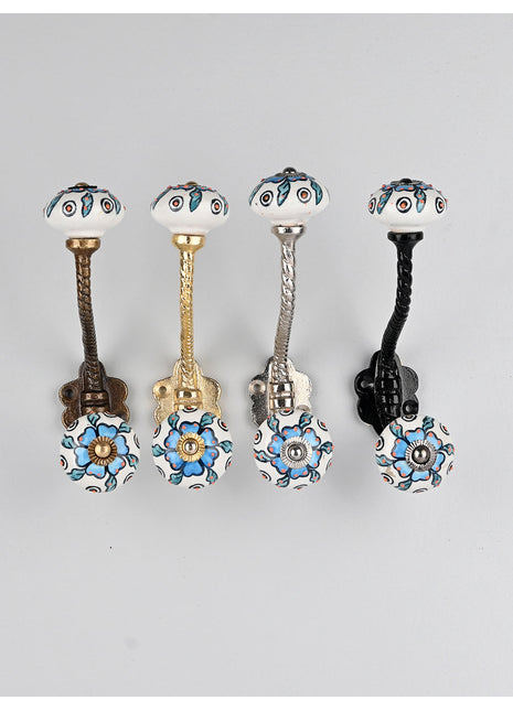 Turquoise Flower On White Knob Orange Embossed Design With Metal Wall Hanger