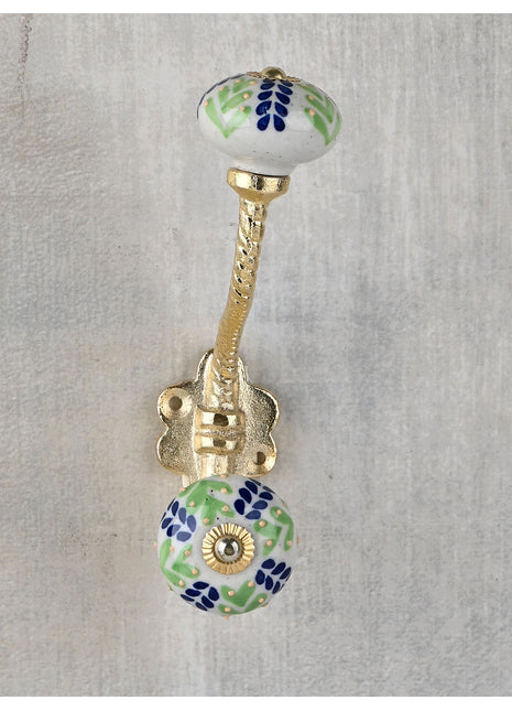 Green And Blue Designer Petals On White Ceramic Knob With Metal Wall Hanger