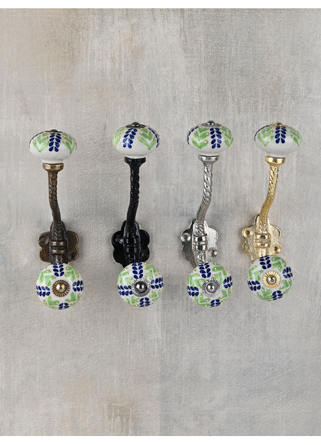Green And Blue Designer Petals On White Ceramic Knob With Metal Wall Hanger