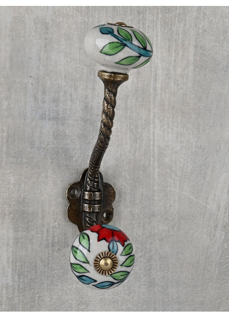 Designer White Ceramic Knob Multicolor Floral Print With Metal Wall Hanger