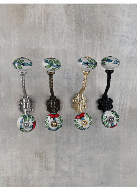 Designer White Ceramic Knob Multicolor Floral Print With Metal Wall Hanger