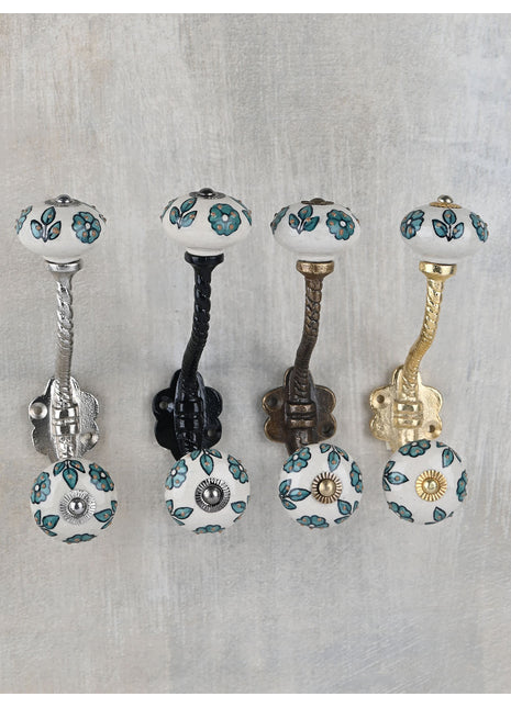 Teal Color Flowers And Petals On White Ceramic Knob With Metal Wall Hanger