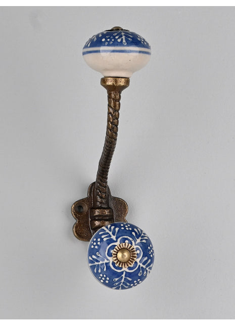 Blue And White Ceramic Knob White Embossed Design With Metal Wall Hanger