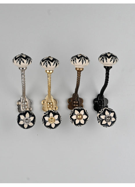 White Round Ceramic Knob Black Floral Print With Metal Wall Hanger