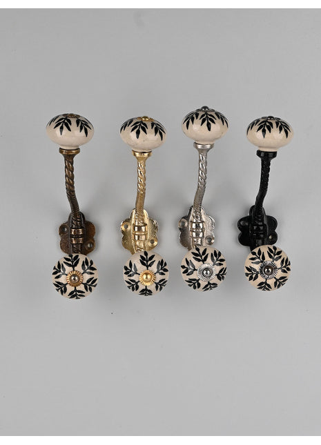 White Ceramic Knob Black Petal Stem Design With Metal Wall Hanger