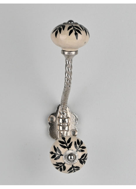 White Ceramic Knob Black Petal Stem Design With Metal Wall Hanger