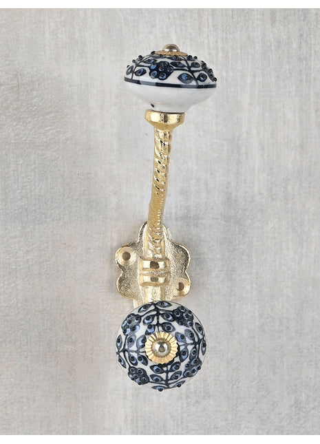 Stylish Black Embossed Floral Print On White Ceramic Knob