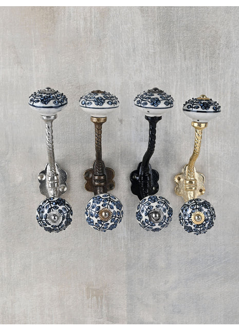 Stylish Black Embossed Floral Print On White Ceramic Knob