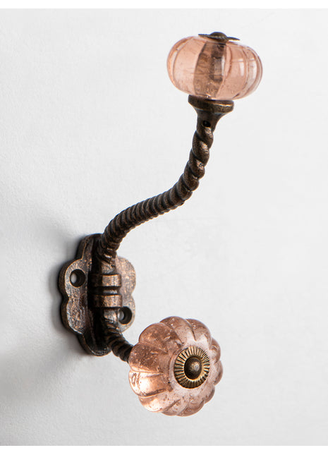 Pink Flower Shaped Glass Knob with Metal Wall Hanger
