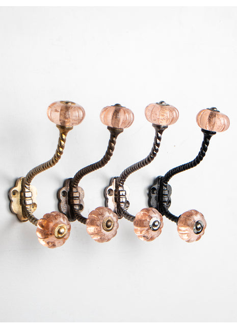 Pink Flower Shaped Glass Knob with Metal Wall Hanger