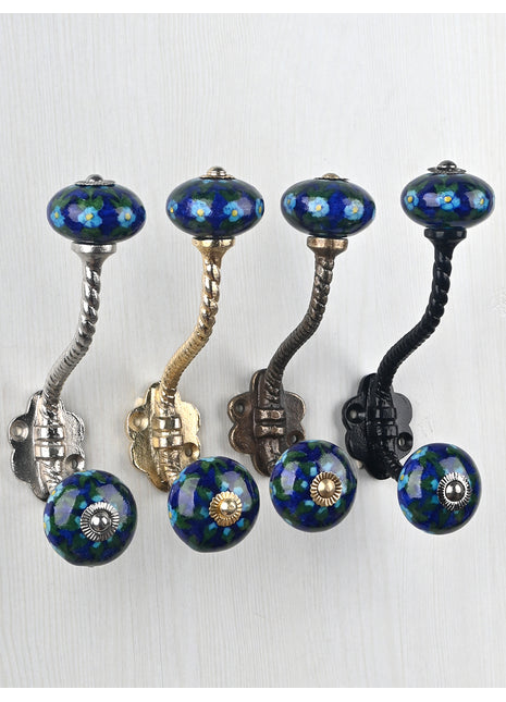 Turquoise Flower And Leaf Design On Blue Ceramic Knob With Metal Wall Hanger