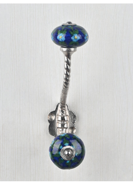 Turquoise Flower And Leaf Design On Blue Ceramic Knob With Metal Wall Hanger