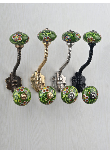 Stylish Maroon Flower And Leaf Design On Dark Green Ceramic Knob With Metal Wall Hanger