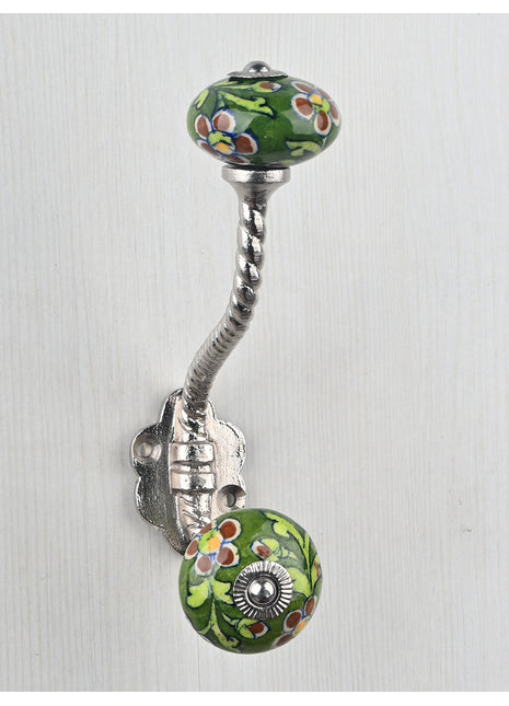 Stylish Maroon Flower And Leaf Design On Dark Green Ceramic Knob With Metal Wall Hanger