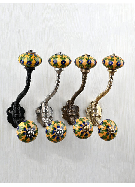 Blue Flower And Leaf Design On Yellow Knob With Metal Wall Hanger