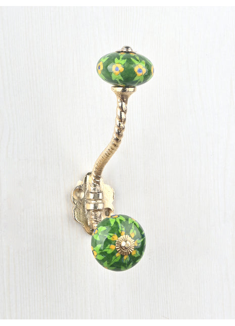 Green Color Floral Print Knob With Metal Wall Hanger