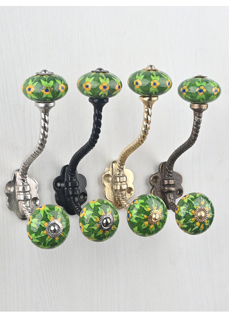 Green Color Floral Print Knob With Metal Wall Hanger