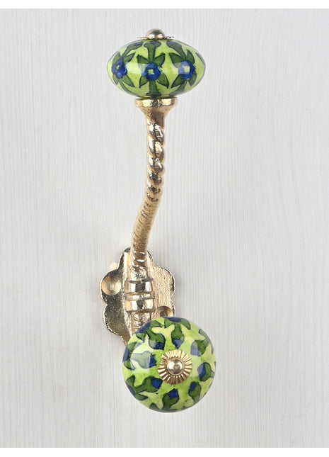 Blue Flower and Green Leaf with Lime Green Base Knob With Metal Wall Hanger