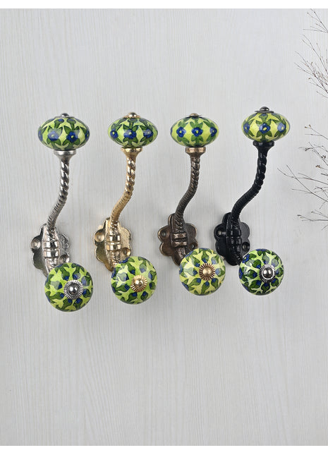 Blue Flower and Green Leaf with Lime Green Base Knob With Metal Wall Hanger