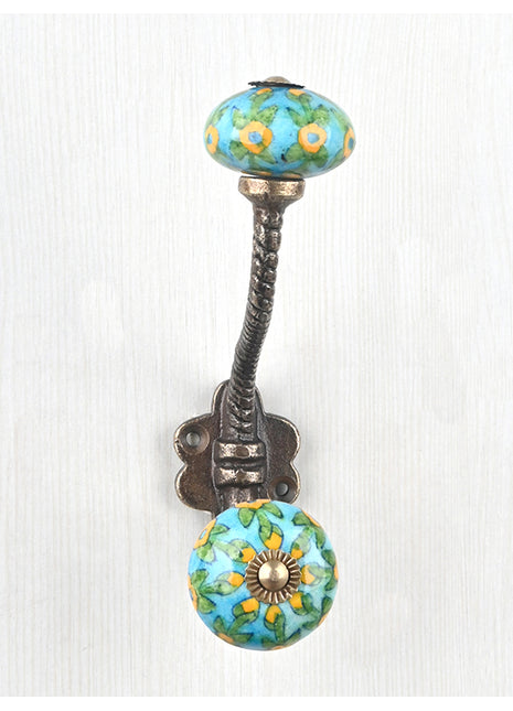 Yellow Flower And Leaf Design On Turquoise Knob With Metal Wall Hanger