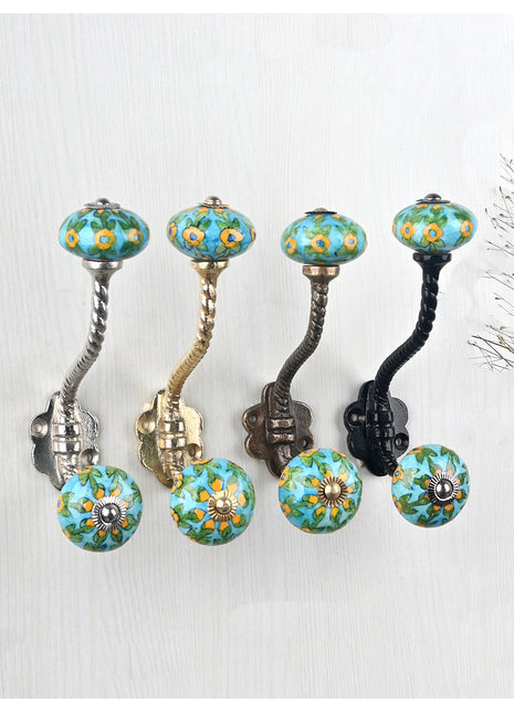 Yellow Flower And Leaf Design On Turquoise Knob With Metal Wall Hanger
