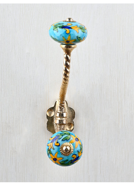 Yellow Flower And Green Leaf Design On Turquoise Knob With Metal Wall Hanger