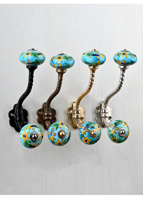 Yellow Flower And Green Leaf Design On Turquoise Knob With Metal Wall Hanger