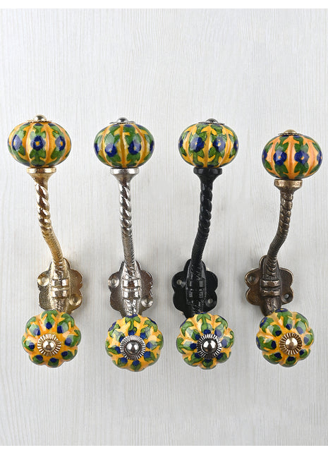 Multicolor Flower And Leaf Design On Yellow Knob With Metal Wall Hanger