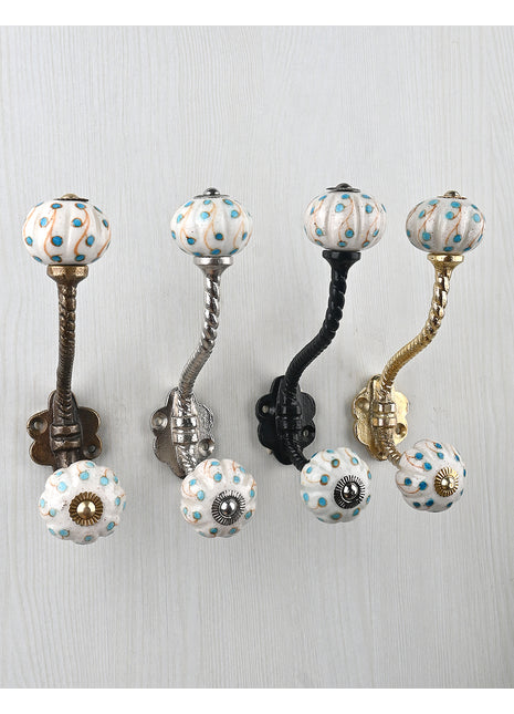 White Base Knob Turquoise Dots With Metal Wall Hanger