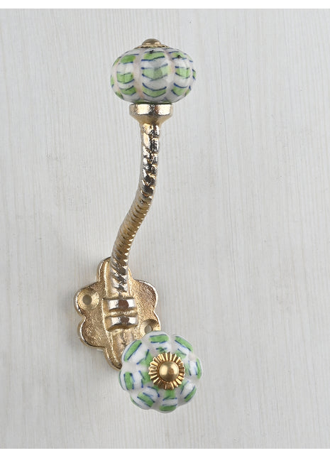 Melon Shaped White, Green Print Knob With Metal Wall Hanger