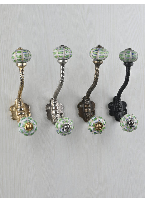 Melon Shaped White, Green Print Knob With Metal Wall Hanger