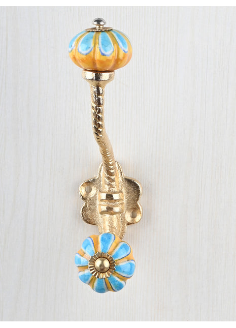 Turquoise Flower With Yellow Base Melon Shaped Knob With Metal Wall Hanger