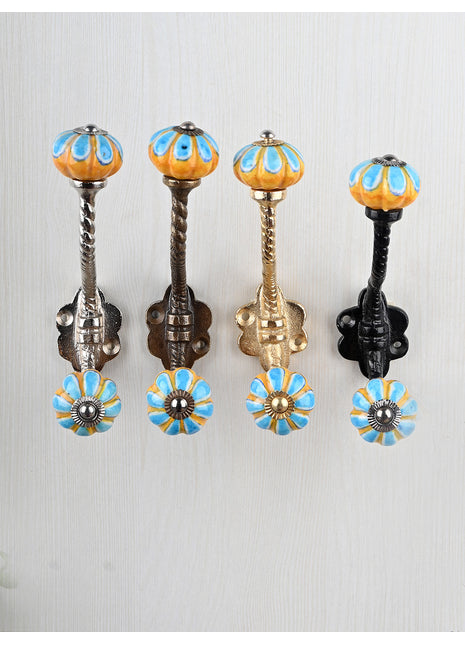 Turquoise Flower With Yellow Base Melon Shaped Knob With Metal Wall Hanger