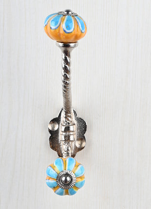 Turquoise Flower With Yellow Base Melon Shaped Knob With Metal Wall Hanger