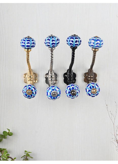 Designer White Knob Blue And Turquoise Design With Metal Wall Hanger